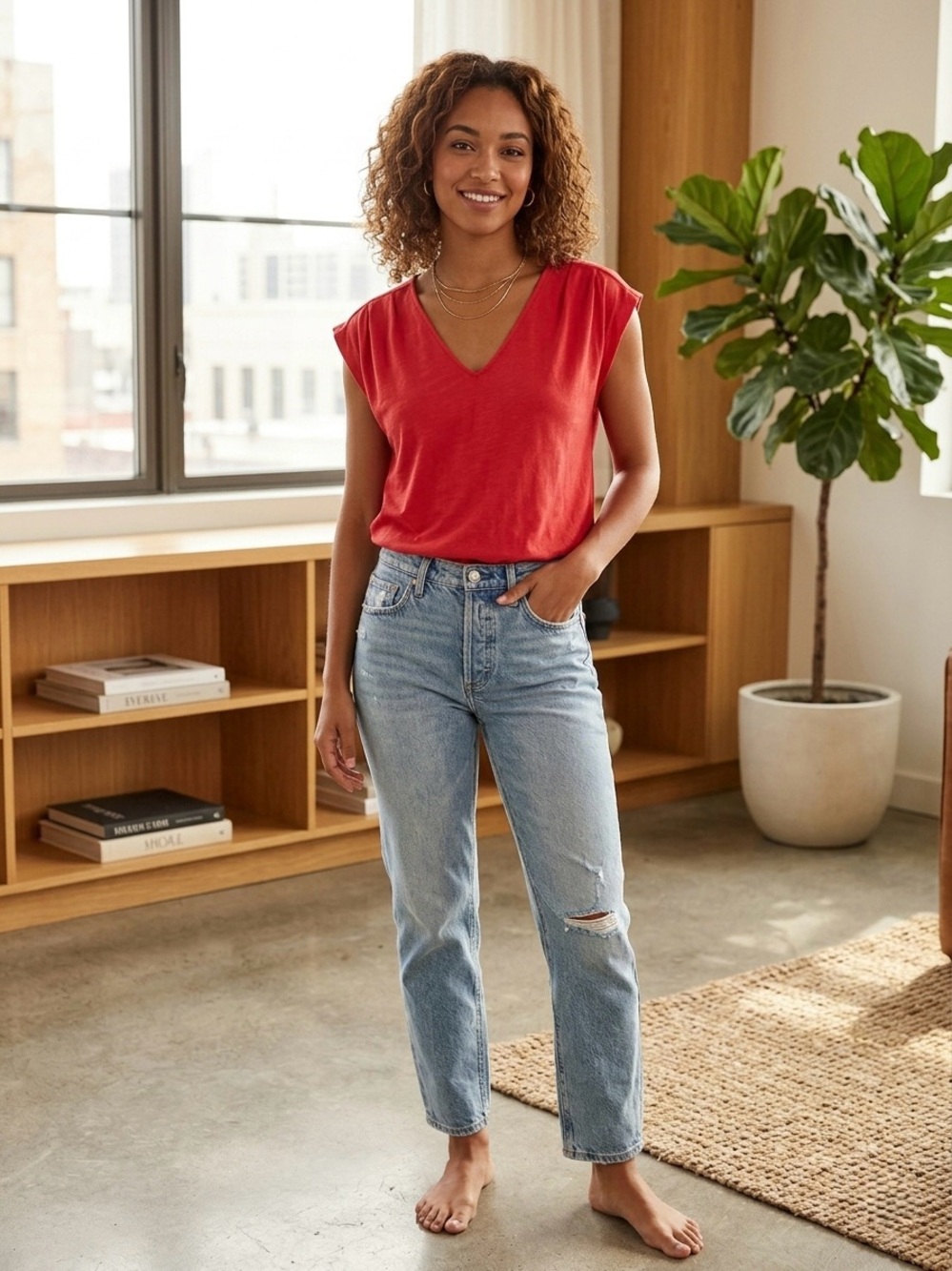 Evereve Kinsley Pleated Shoulder Top Red V-Neck Cotton Modal Blouse Small NWT